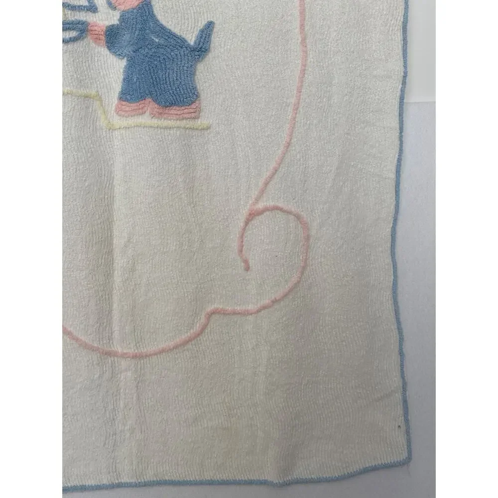 Vintage 1940s–1950s Baby Chenille Crib Blanket 40x61 Blue Pink Kitten Nursery